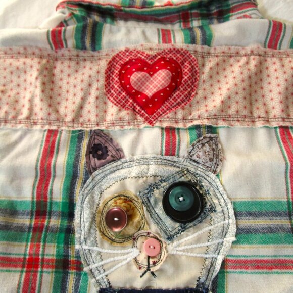 Upcycled Flannel Shirt with Patchwork Cat Design Handmade Boho Grunge Plaid - Picture 9 of 16